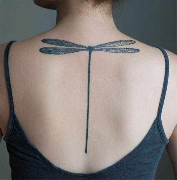 Black minimalist dragonfly tattoo on back for girls