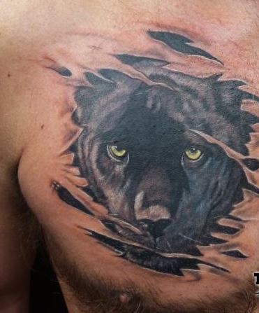 Black panther skin rip tattoo on chest