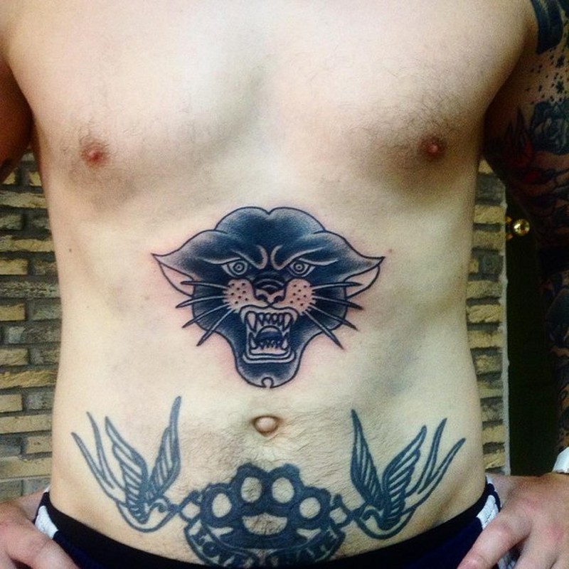 Black panther&quots portrait and pair of swallows with banner lettering belly tattoo in old homemade style
