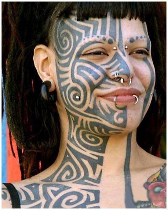 Black polynesian face tattoo design for girls