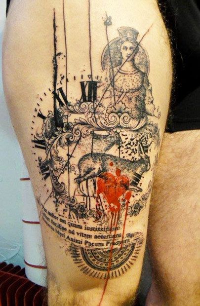 Black red collage tattoo on hip by xoil