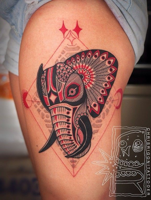 Black red patchwork elephant head  tattoo on thigh