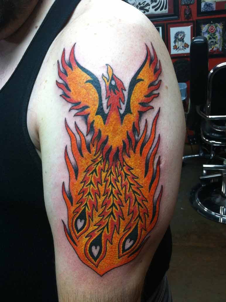 Black red phoenix tattoo on half sleeve by elessar