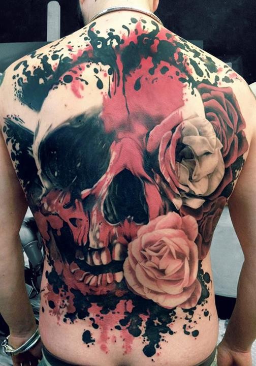 Black red skull with pink roses tattoo by Mirco Campioni