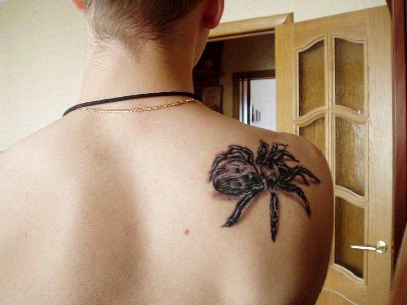 Black tarantula tattoo on shoulder blade