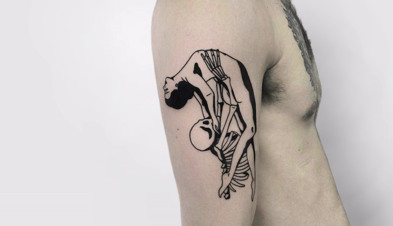 Black work interesting combined shoulder tattoo of skeleton with woman