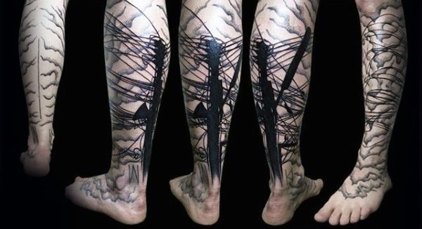 Blackwork style big leg tattoo of city line towers