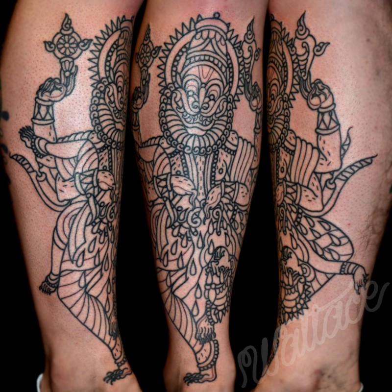 Blackwork style big leg tattoo of Hinduism God
