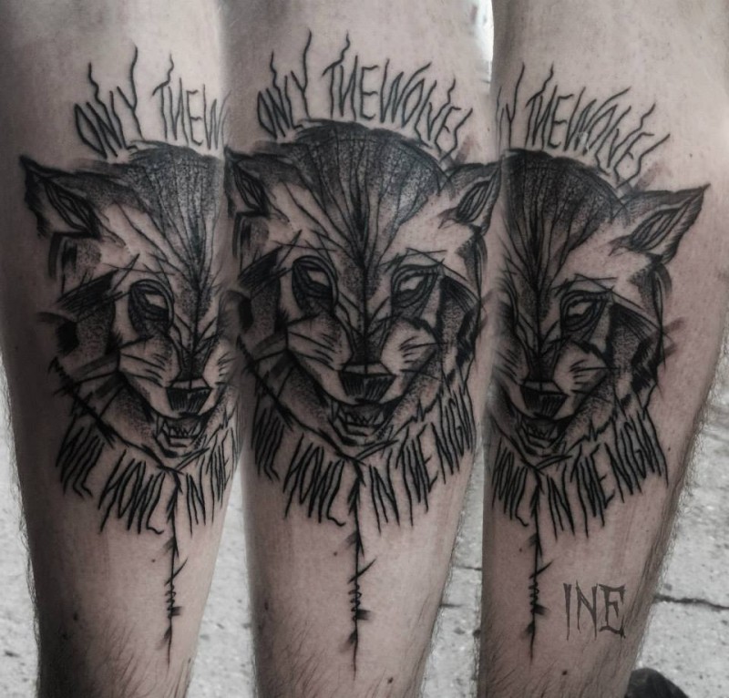 Blackwork style by Inez Janiak forearm tattoo of raccoon with lettering