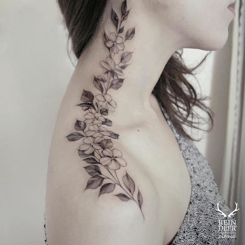Blackwork style cool painted by Zihwa shoulder and neck tattoo of flowers and leaves