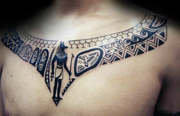 Blackwork style detailed collarbone tattoo of Egypt wall paintings