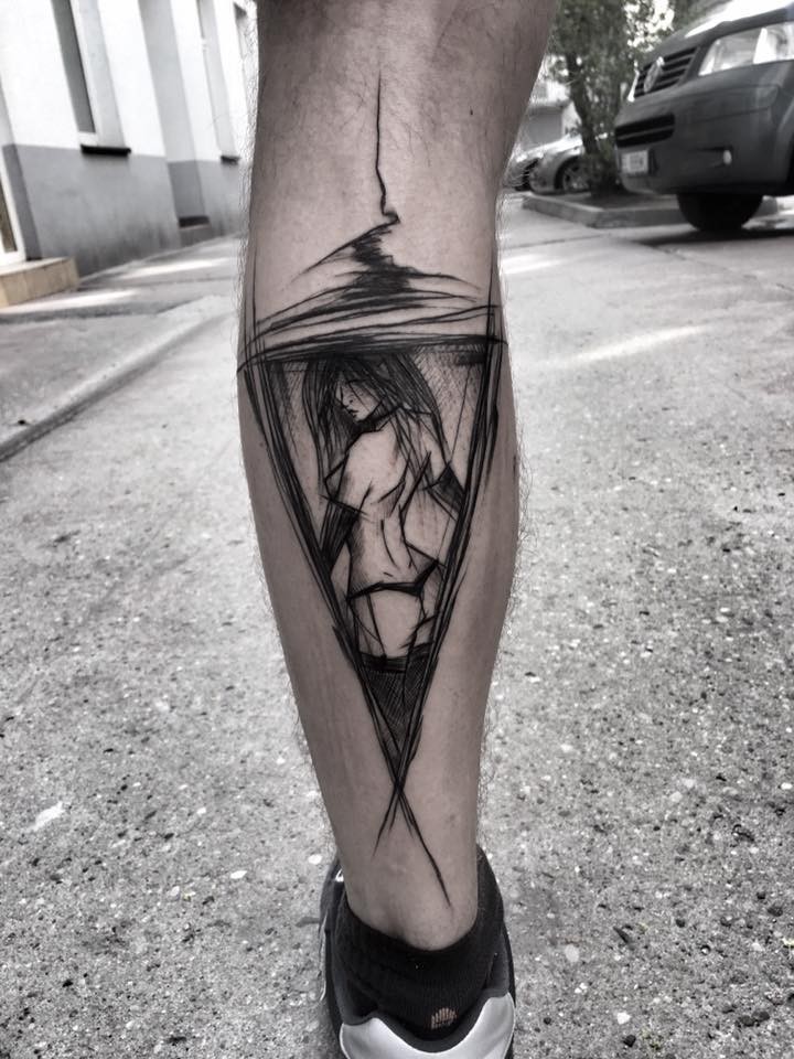 Blackwork style detailed leg tattoo of seductive woman by Inez Janiak