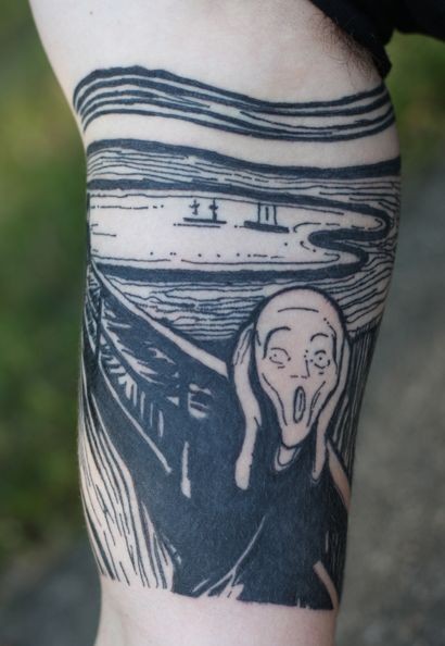 Blackwork style horror style arm tattoo of woman and cemetery