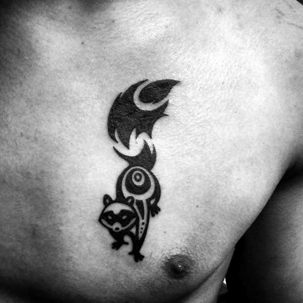 Blackwork style incredible looking chest tattoo of little raccoon
