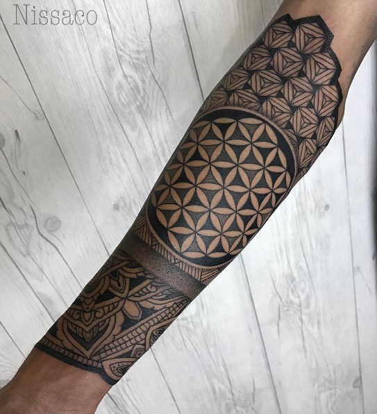 Blackwork style nice accurate painted forearm tattoo of beautiful floral ornament