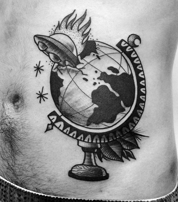 Blackwork style original looking belly tattoo of globe with burning alien ship