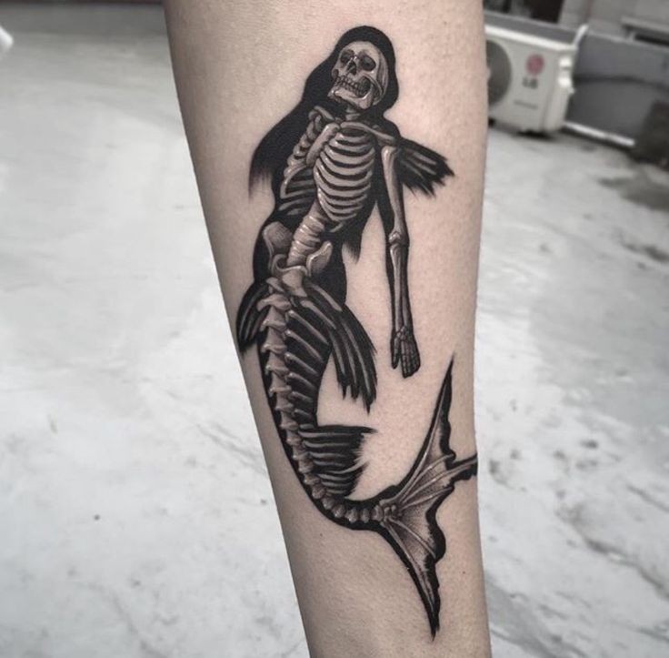 Blackwork style original painted tattoo of mermaid skeleton