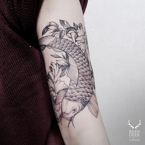Blackwork style painted by Zihwa tattoo of catfish with flowers