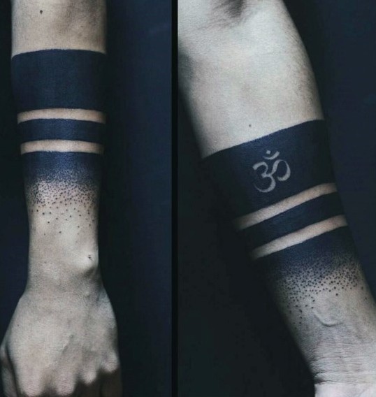 Blackwork style typical forearm tattoo of simple lines with symbol