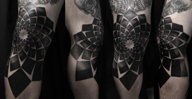 Blackwork style typical knee tattoo of interesting ornament