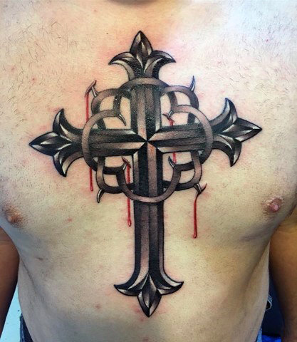 Bleeding 3d black grey cross tattoo on chest
