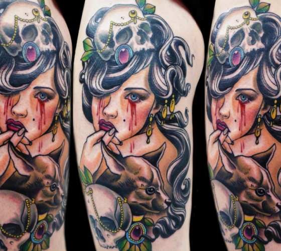 Bloody amazing looking thigh tattoo of woman with bloody tears and skull