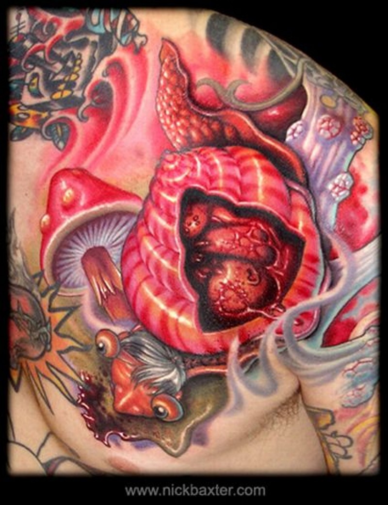 Bloody multicolored shoulder and chest tattoo of strange turtle and mushrooms