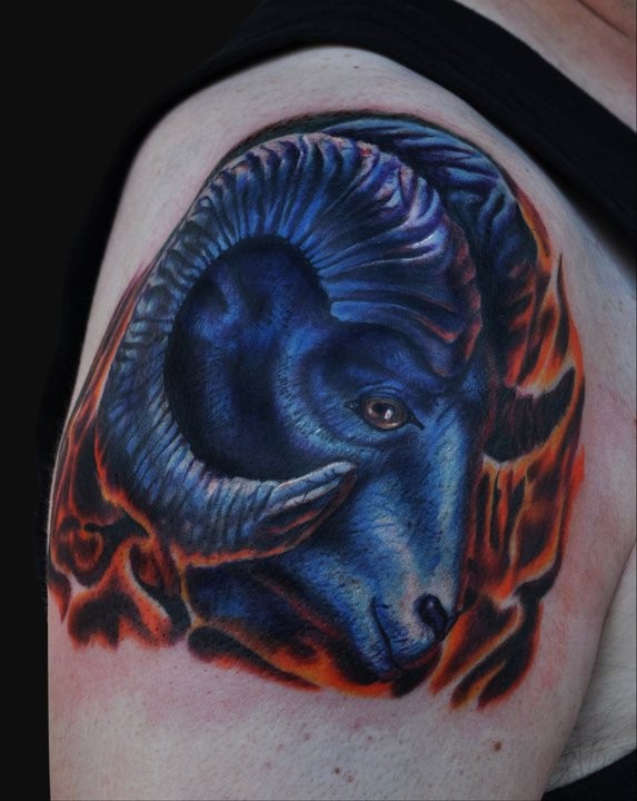 Tatuaje en el brazo, ovis azul oscuro