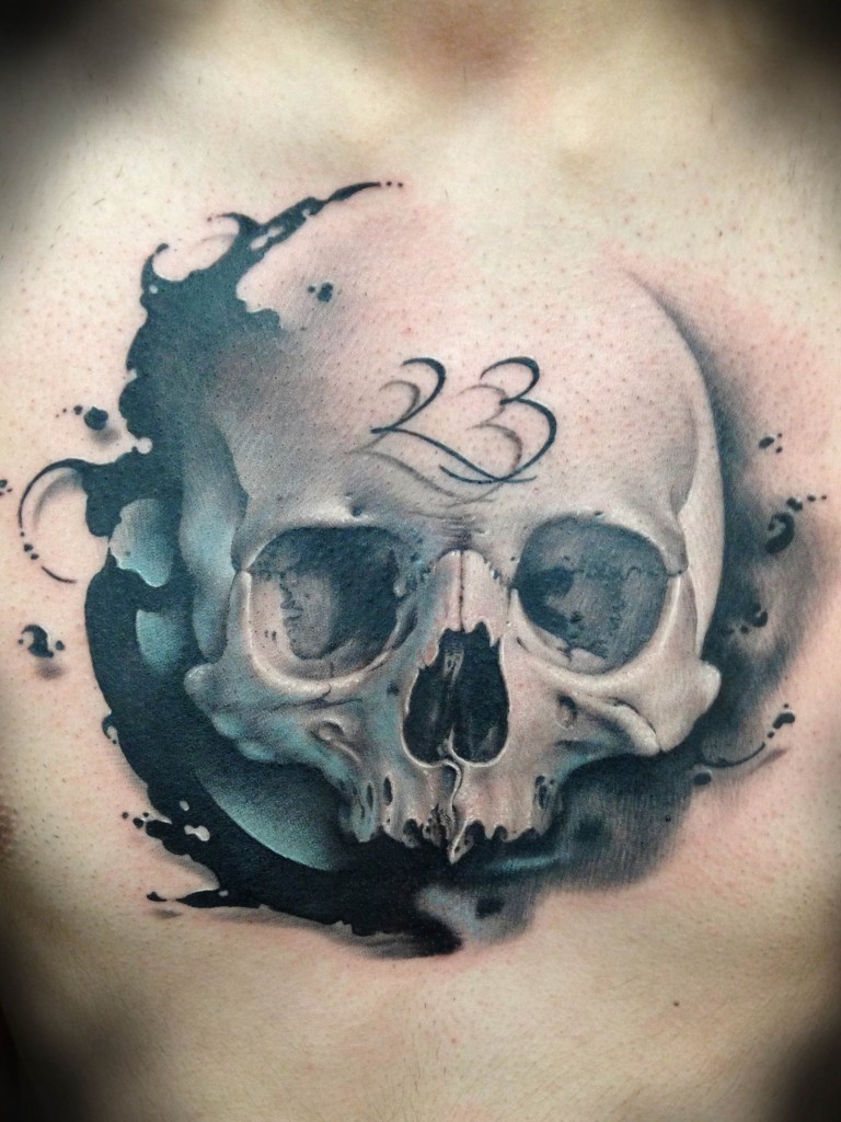 Blue black skull with numbers on forehead tattoo on chest