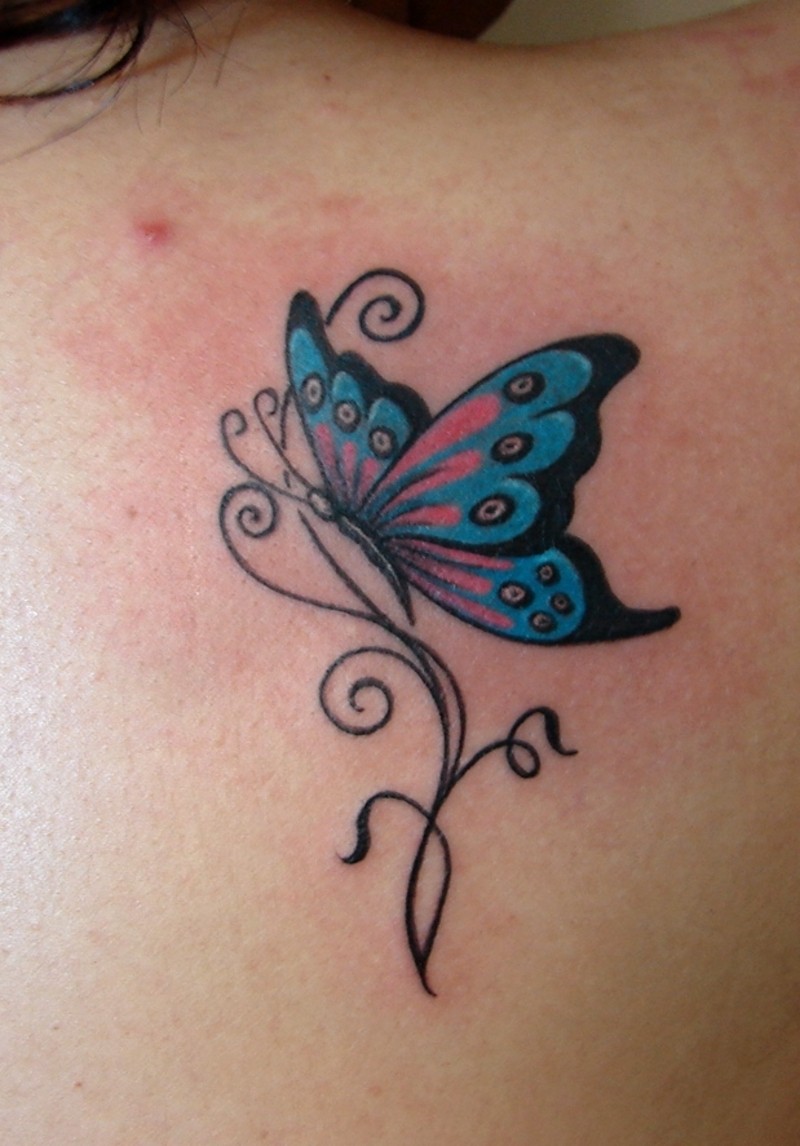 Blue cute butterfly tattoo with pattern for female