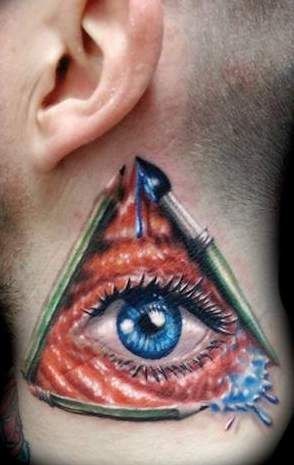 Blue eye in triangle tattoo on neck