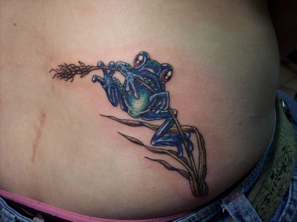 Blue frog on blade of grass tattoo