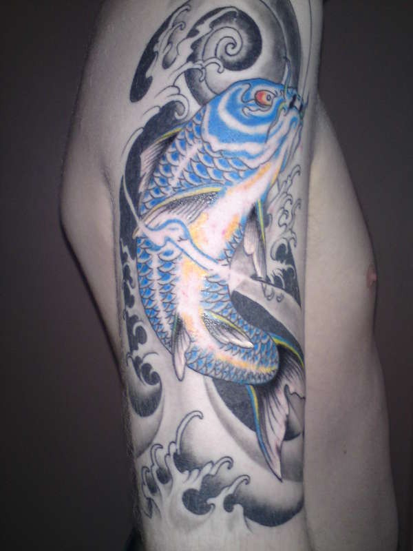 Blue koi fish tattoo on half sleeve