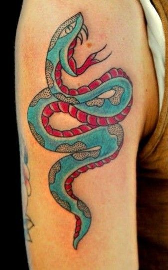 Blue red snake tattoo on shoulder
