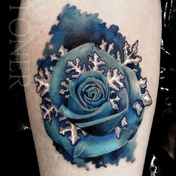 Blue watercolour rose with snowflakes tattoo by stoner