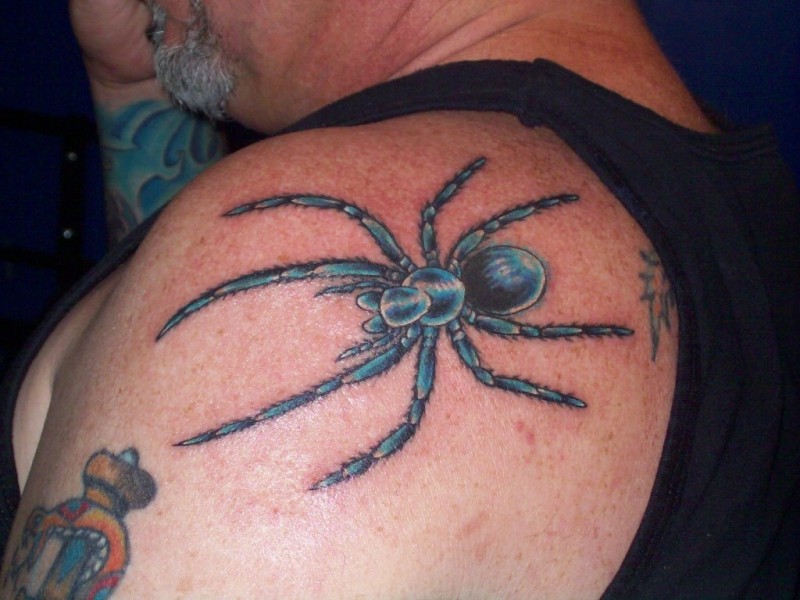 Blue spider tattoo on shoulder