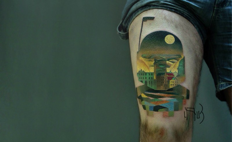 Bobba Fett style colored thigh tattoo stylized with city sights