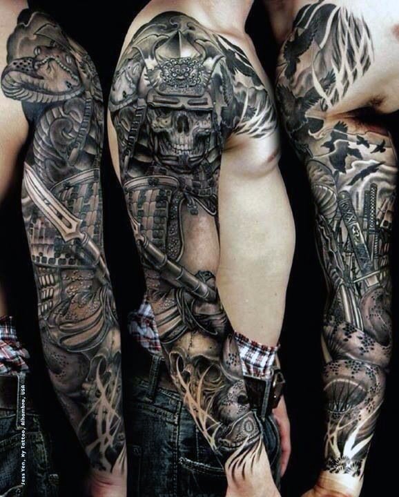 Breathtaking 3D like very detailed skeleton samurai tattoo on sleeve with pike and skulls
