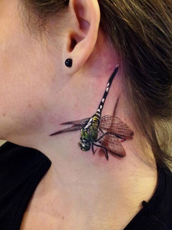 Breathtaking 3D realistic lifelike colored tremendous dragonfly tattoo sitting on neck