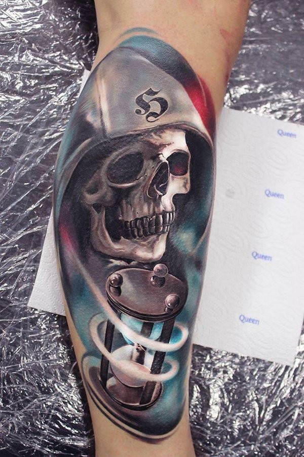 Breathtaking 3D style colored leg tattoo f skeleton in hood with sand clock