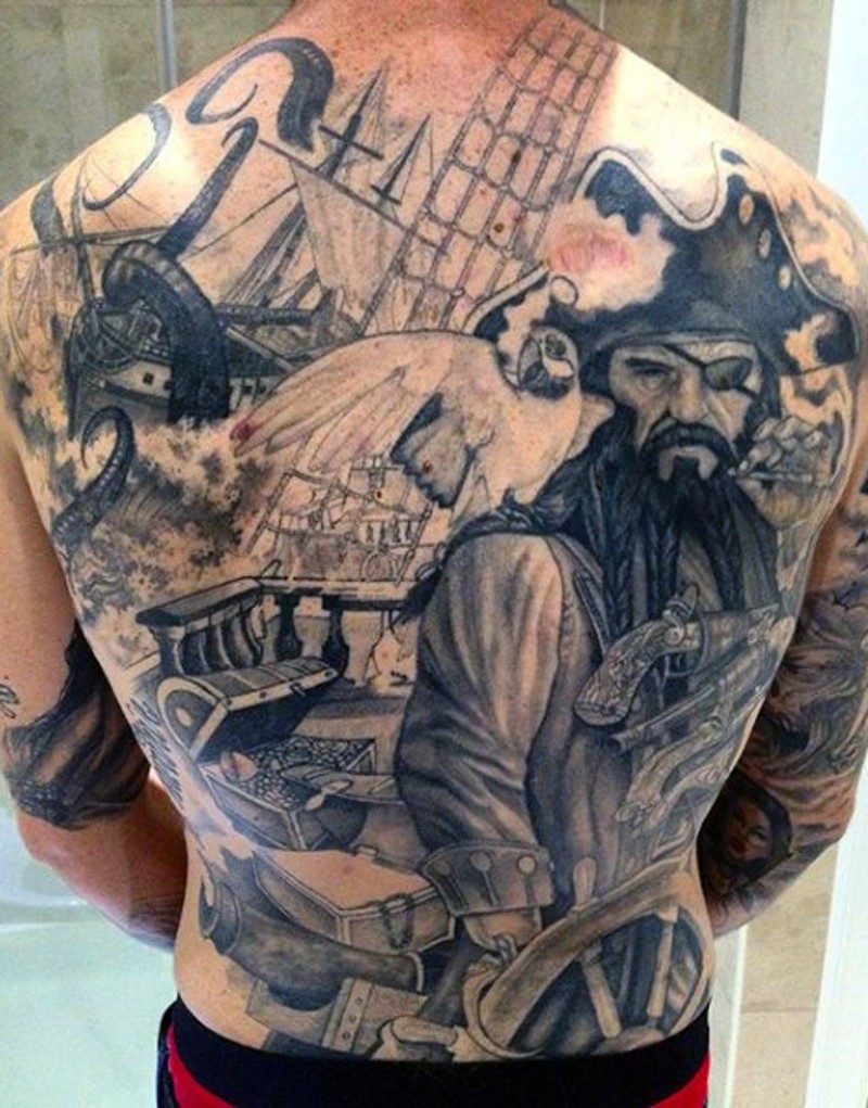 Breathtaking black and white colored old pirate themed tattoo on whole back