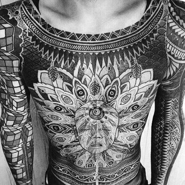 Breathtaking black ink massive on whole body tattoo of mystical tribal ornaments