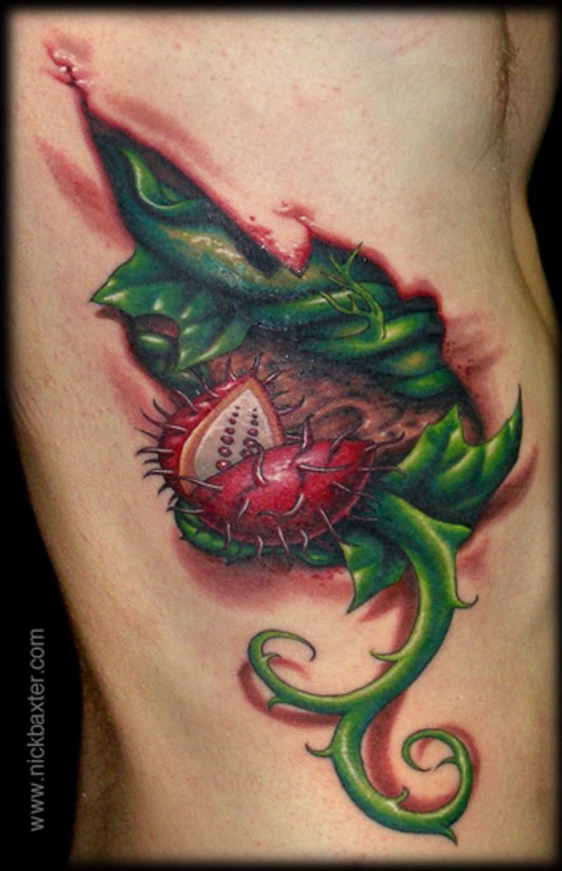 Breathtaking colored side tattoo of under skin predator plant