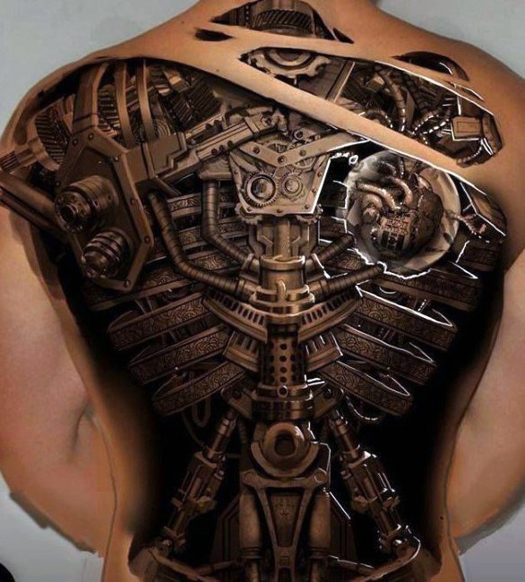 Breathtaking designed very detailed and colored mechanical tattoo on whole body