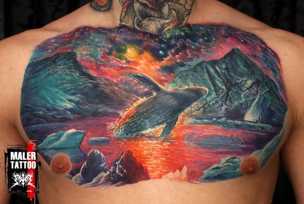 Breathtaking detailed chest tattoo of big whale with mountains and lake