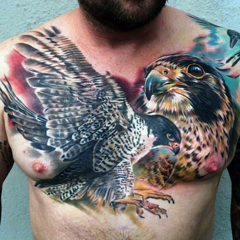 Breathtaking detailed looking colorful eagles tattoo on chest