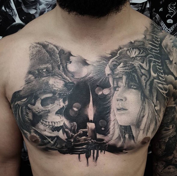 Breathtaking detailed realism style woman with tiger helmet combined with skull and wolf helmet