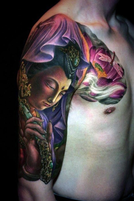 Breathtaking illustrative style colored shoulder tattoo of Buddha with lotus flower