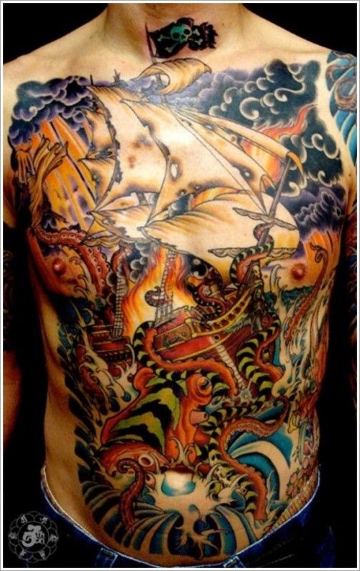 Breathtaking multicolored massive octopus attacking the ship tattoo on whole chest