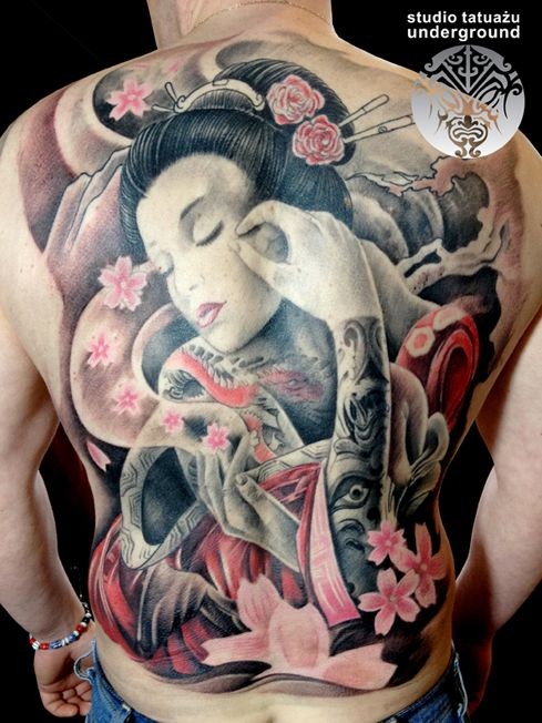 Breathtaking multicolored sad Asian geisha with flowers tattoo on whole back